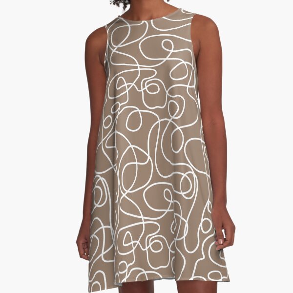 Doodle Line Art | White Lines on Malt Brown Background A-Line Dress