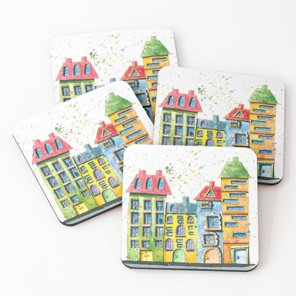 Watercolour Houses Standing in a Row Coasters (Set of 4)