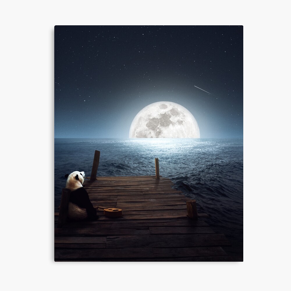 Panda with guitar sitting on the dock watching the sky full of stars, full  moon reflects on the ocean