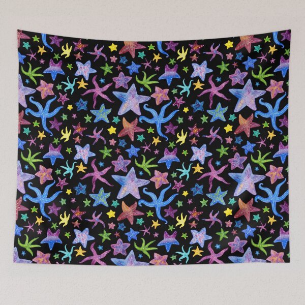 Item preview, Rainbow Watercolor Starfish Pattern on Black designed and sold by dragonstarart.