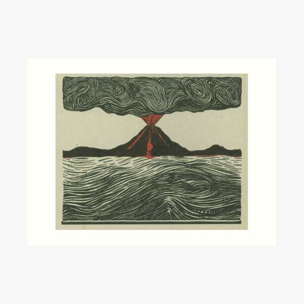 Volcano Woodcut Art Print