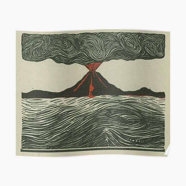 Volcano Woodcut Poster