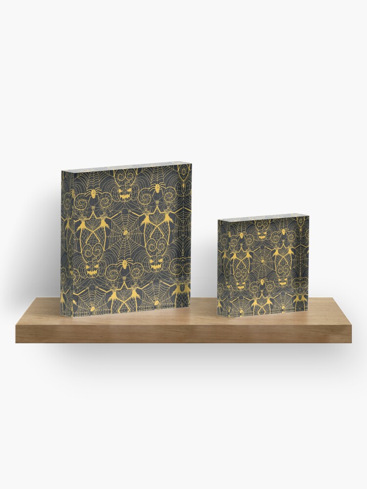 Alternate view of Halloween nightmare lace yellow on black Acrylic Block