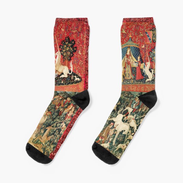 Aperçu de l'œuvre HISTOIRES DE QUATRE DAMES ET DE LICORNES, Fleurs fantastiques, Animaux, Collection florale vert rouge créée et vendue par BulganLumini.