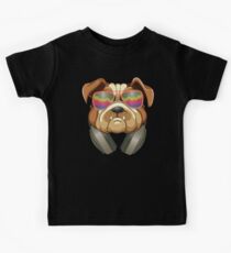Funny Bulldog design Dog DJ Listening Music With Headphones Kids T-Shirt