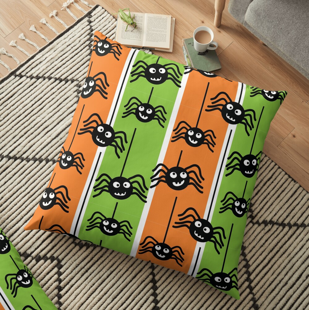Halloween Spiders Dangling Orange and Green Floor Pillow