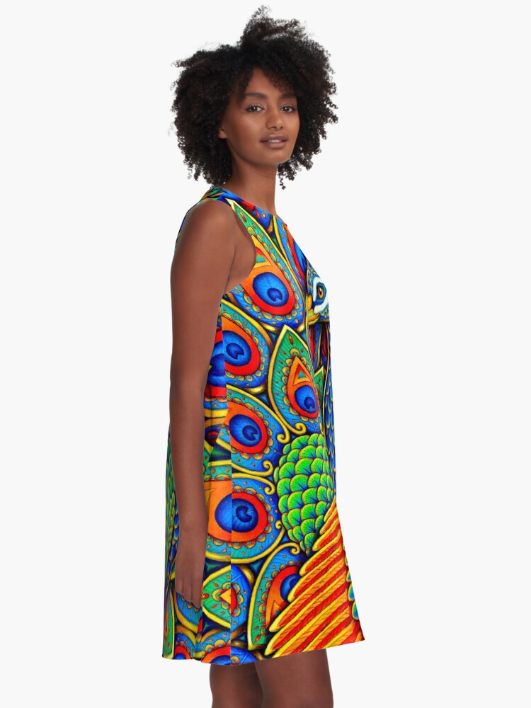 Alternate view of Colorful Paisley Peacock Rainbow Bird A-Line Dress