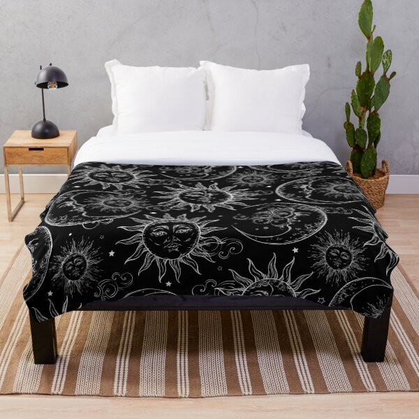 Black Magic Celestial Sun Moon Stars Throw Blanket