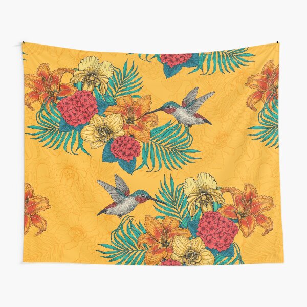 Hummingbirds and tropical bouquet in yellow Tapestry