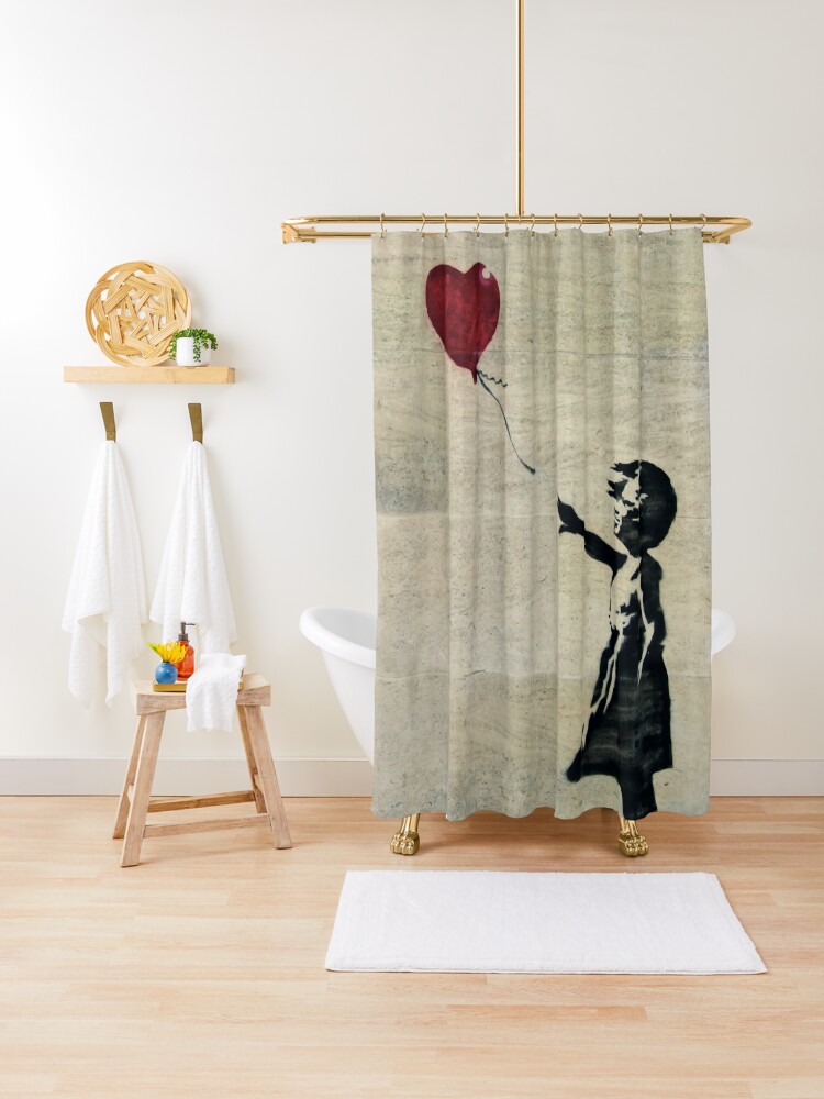Thumbnail 1 of 5, Shower Curtain, Banksy's Girl with a Red Balloon III designed and sold by Ludwig Wagner.