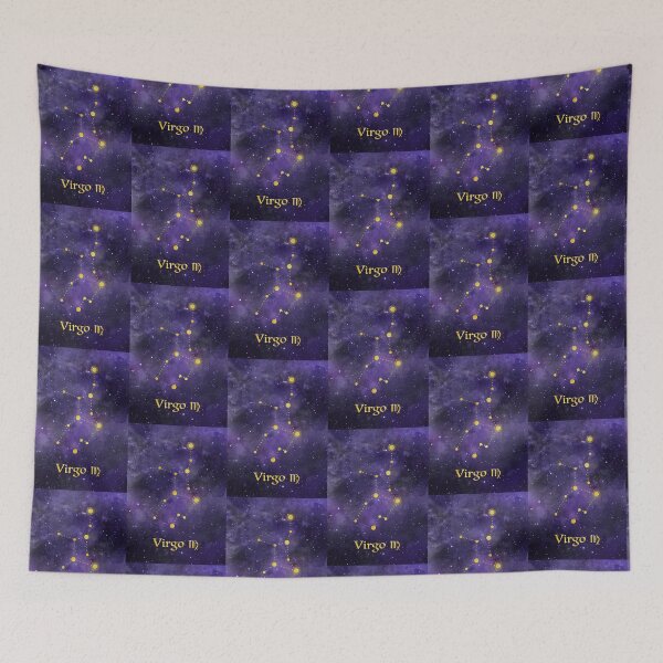 Item preview, Virgo Zodiac constellation, birthday August to September astronomy, astrology, horoscope, watercolour space painting with gold effect stars, font and symbol. designed and sold by Latch Farm  Studios.