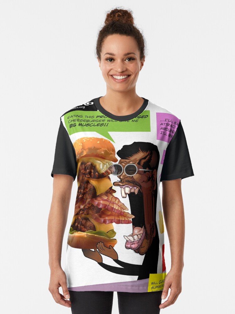 Alternate view of Clint Eatswould Birth of a Superhero Cheeseburger Man Graphic T-Shirt