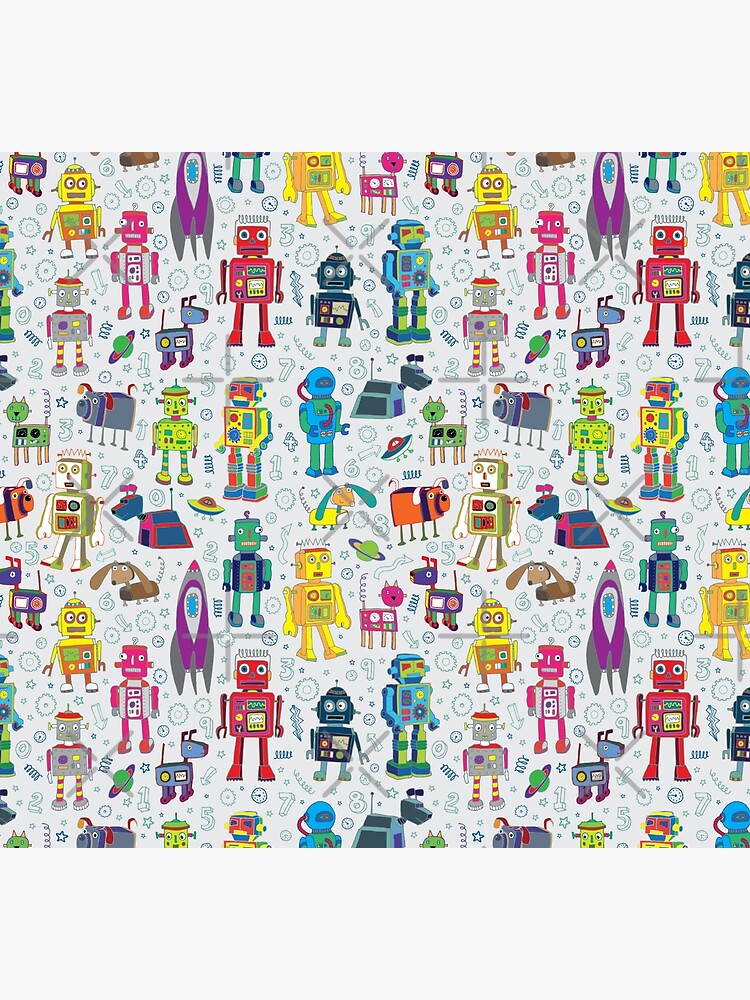 Robots in Space - grey - fun Robot pattern by Cecca Designs by Cecca-Designs