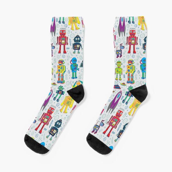 Robots in Space - grey - fun Robot pattern by Cecca Designs Socks