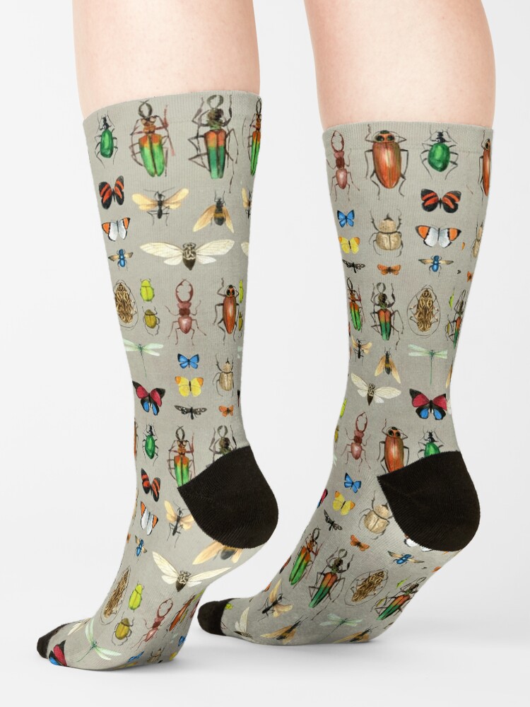 Thumbnail 4 of 5, Socks, The Usual Suspects - Insects on grey - watercolour bugs pattern by Cecca Designs designed and sold by Cecca-Designs.