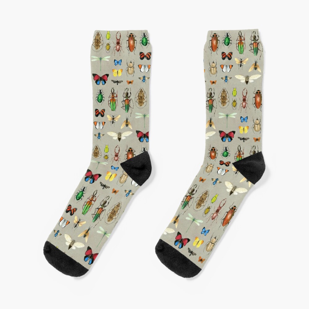 The Usual Suspects - Insects on grey - watercolour bugs pattern by Cecca Designs Socks