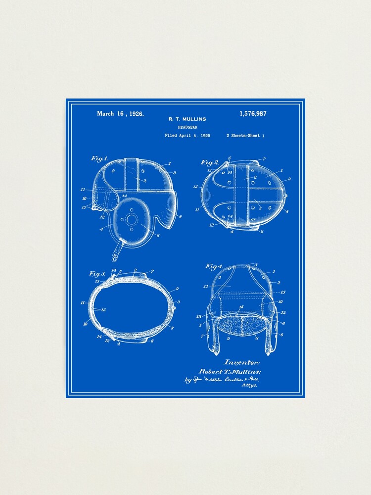 "Football Helmet Patent Blueprint" Photographic Print for Sale by