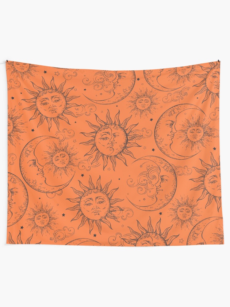 Alternate view of Orange Magic Celestial Sun Moon Stars Tapestry