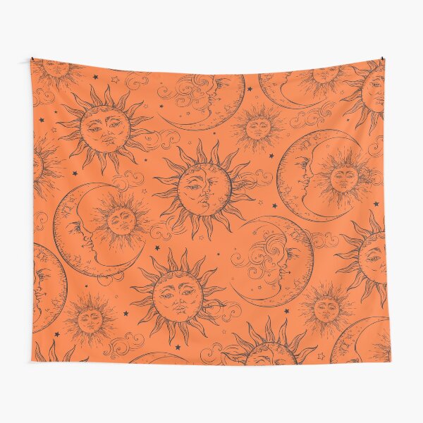 Orange Magic Celestial Sun Moon Stars Tapestry