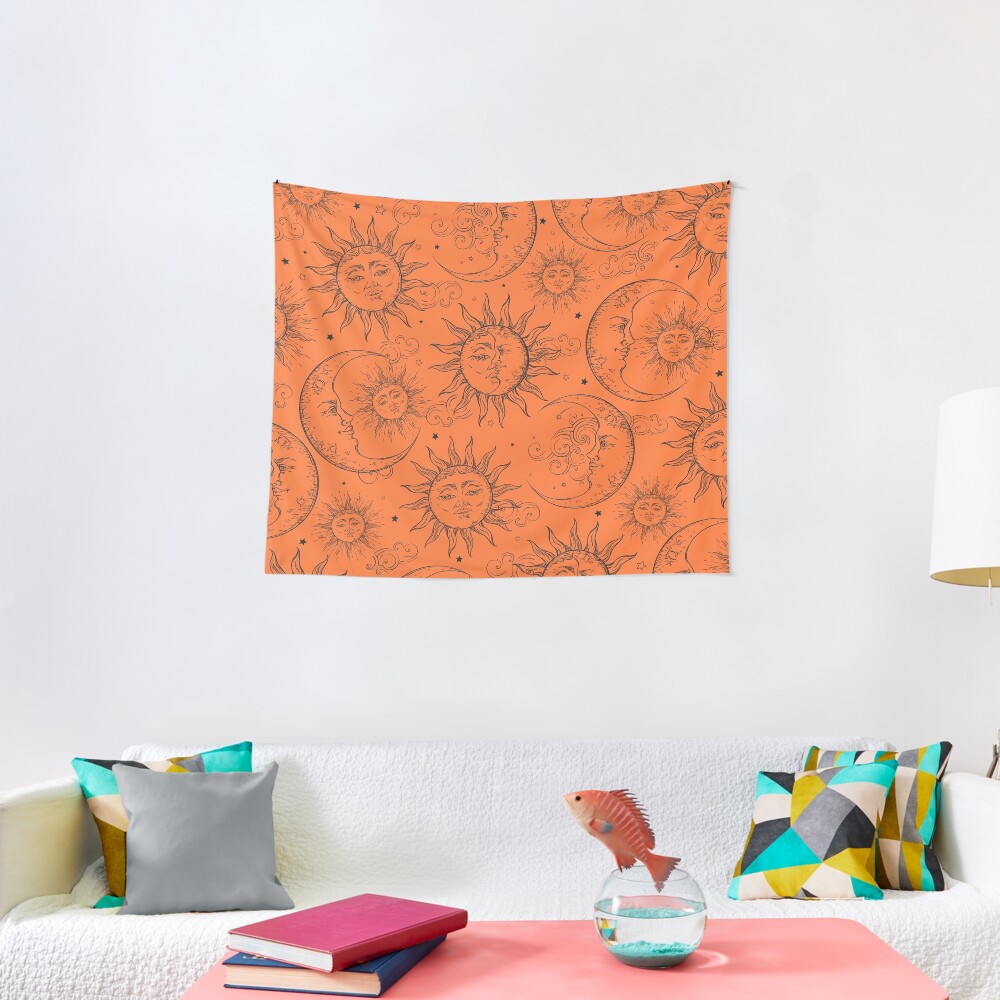 Orange Magic Celestial Sun Moon Stars Tapestry