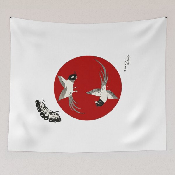 Item preview, Japanese Flag - Woodblock Print of Birds and Butterfly designed and sold by weavernap.