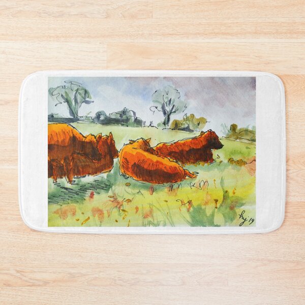 Item preview, Red Poll Cows in Devon Landscape watercolour painting en plein air study of rust colored steer designed and sold by MikeJory.