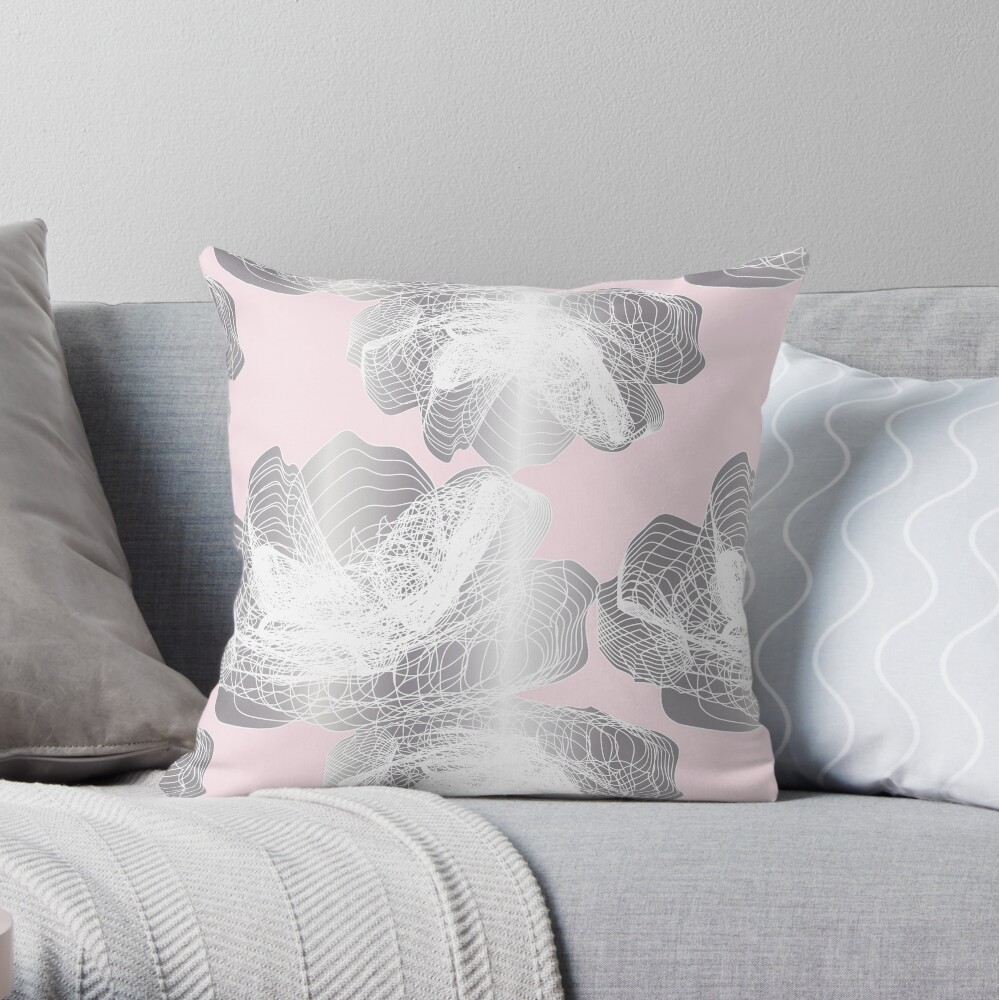 Feathery rose lotus pattern silver and blush pink Throw Pillow