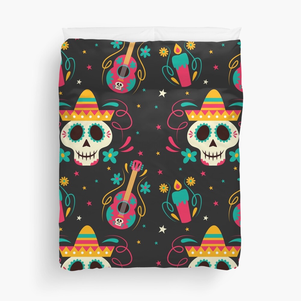 Discover Halloween: day of the dead pattern with skulls, candles and guitars Duvet Cover
