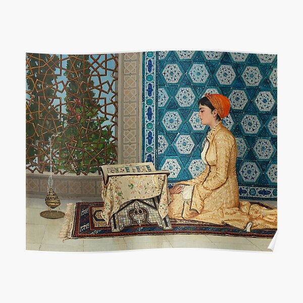 Young Woman Reading, Kur'an Okuyan Kız, Girl Reading Qu'ran, Osman Hamdi, Osman Hamdi Bey, Legendary Turkish Painting, Turkish, Painting Poster