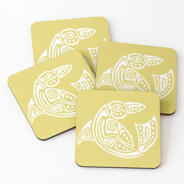 Aperçu de l'œuvre Dauphin blanc façon tatouage fond jaune d'or créée et vendue par Zamen.