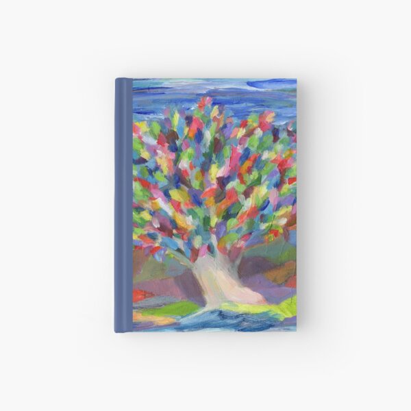 Dream Tree, grow your hopes and dreams. A rainbow leaved tree grows on a rocky coast by the sea in this colorful acrylic daydream. Hardcover Journal