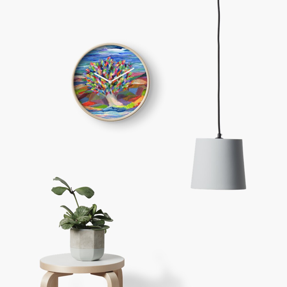 Dream Tree, grow your hopes and dreams. A rainbow leaved tree grows on a rocky coast by the sea in this colorful acrylic daydream. Clock