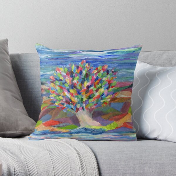 Dream Tree, grow your hopes and dreams. A rainbow leaved tree grows on a rocky coast by the sea in this colorful acrylic daydream. Throw Pillow