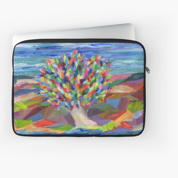 Dream Tree, grow your hopes and dreams. A rainbow leaved tree grows on a rocky coast by the sea in this colorful acrylic daydream. Laptop Sleeve