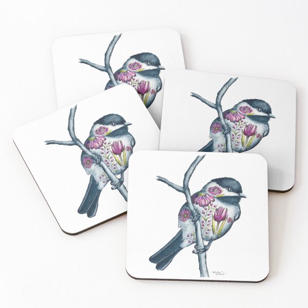 Item preview, Whimsical Watercolor Black Capped Chickadee with flower tattoos designed and sold by Melinda Howard.