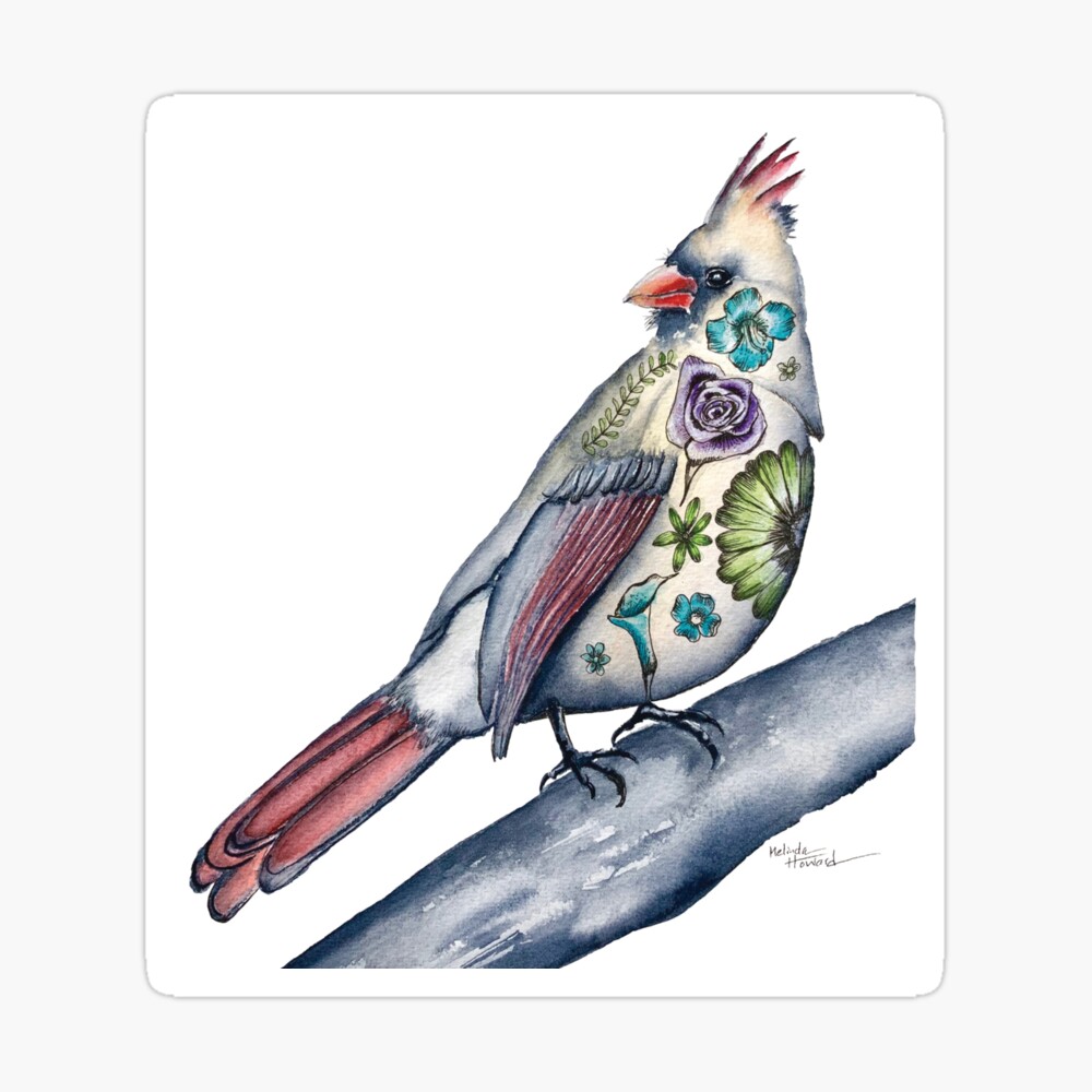 Whimsical Watercolor Cardinal With Flower Tattoos Poster By Melmail44 Redbubble