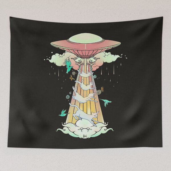 Item preview, UFO Abducting Cats Surreal Alien Art designed and sold by cellsdividing.