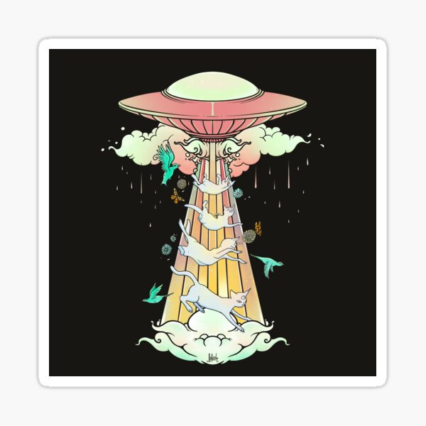 UFO Abducting Cats Surreal Alien Art Sticker