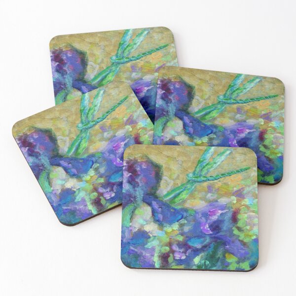 Item preview, PURPLE IRIS AQUA DRAGONFLY IMPRESSIONIST GARDEN PAINTING designed and sold by sharlesart.