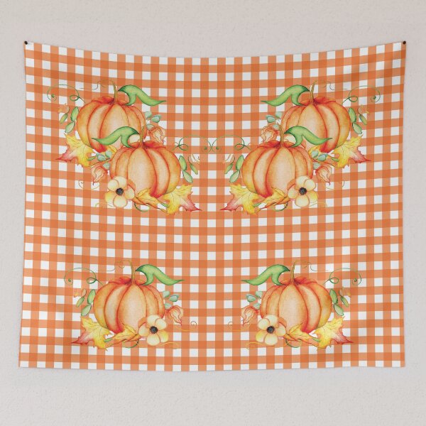 Item preview, Vintage Country Farmhouse Pumpkin Orange and White Gingham Check Plaid Pattern with Harvest Pumpkins designed and sold by Exuberance4you.