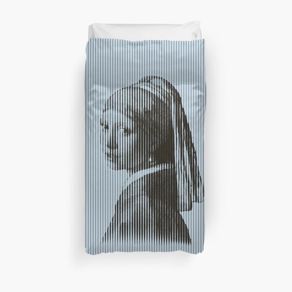 Girl with the Pearl Earring Painting in Vertical Stripes Pattern Duvet Cover