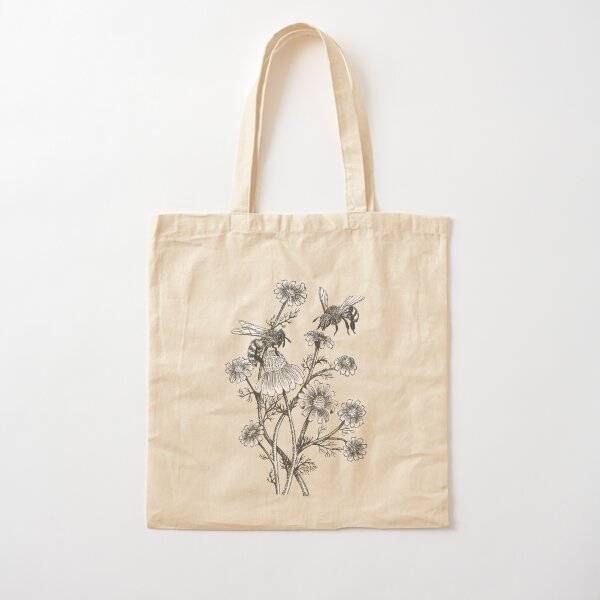 bees and chamomile on dusty pink background Cotton Tote Bag