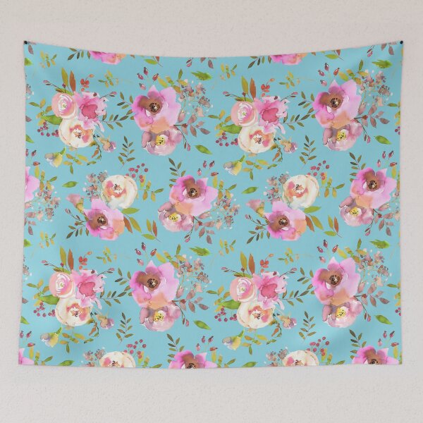 Item preview, Lovely pink hand drawn watercolor florals pattern on teal - single layer designed and sold by UtArt.