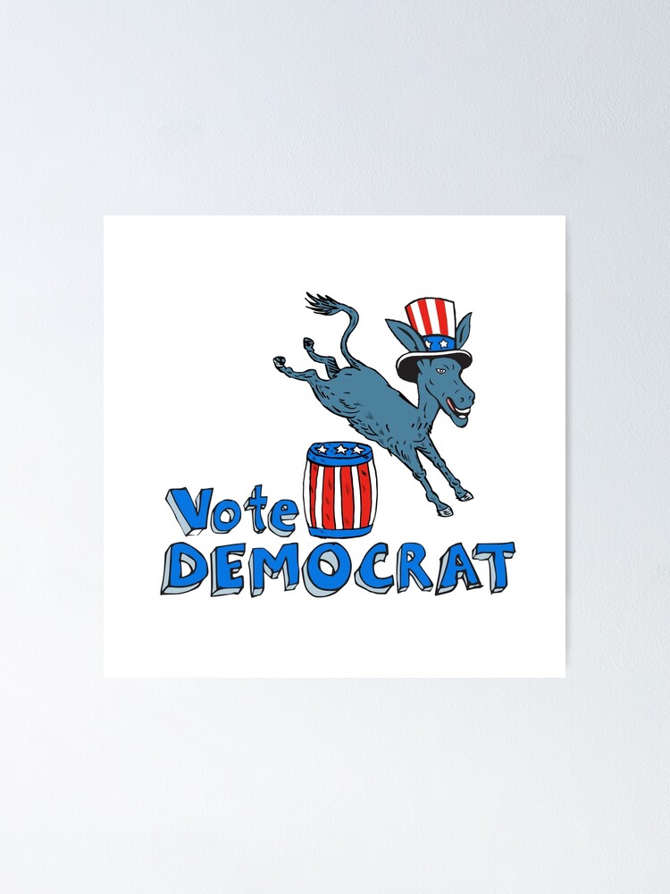 "Vote Democrat Donkey Mascot Jumping Over Barrel Cartoon" Poster by