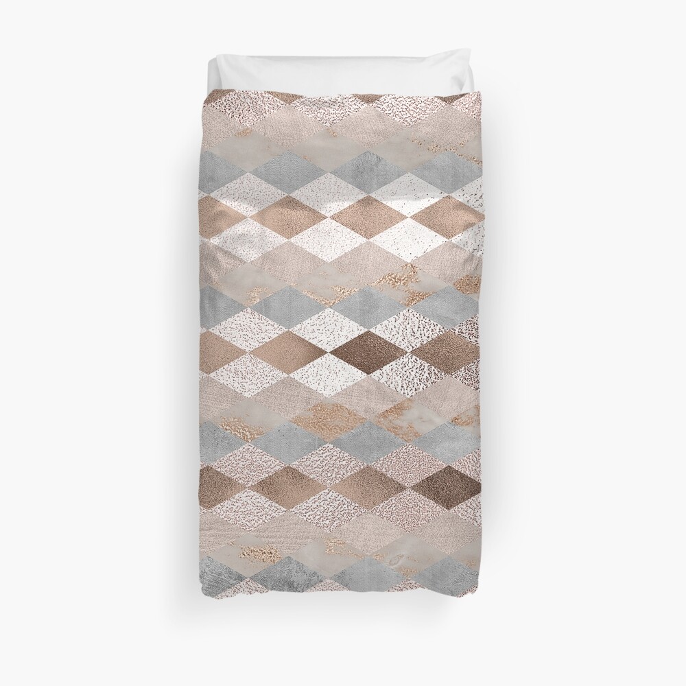 Small Copper and Blush Rose Gold Marble Argyle Pattern Duvet Cover