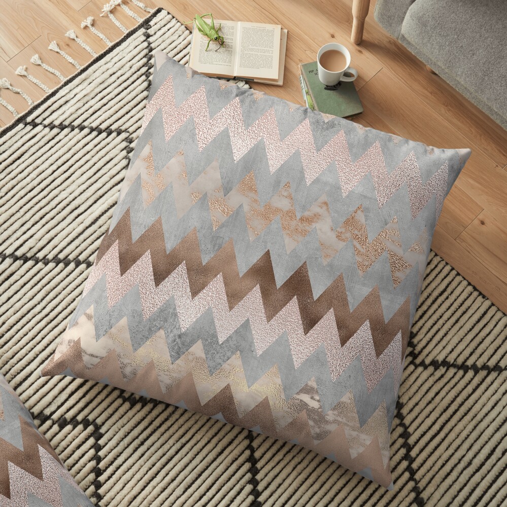 Copper and Blush Rose Gold Marble Chevron Pattern Floor Pillow