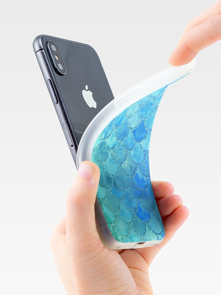 Alternate view of Turquoise Green and BLue Watercolor Mermaid Scales iPhone Case & Cover