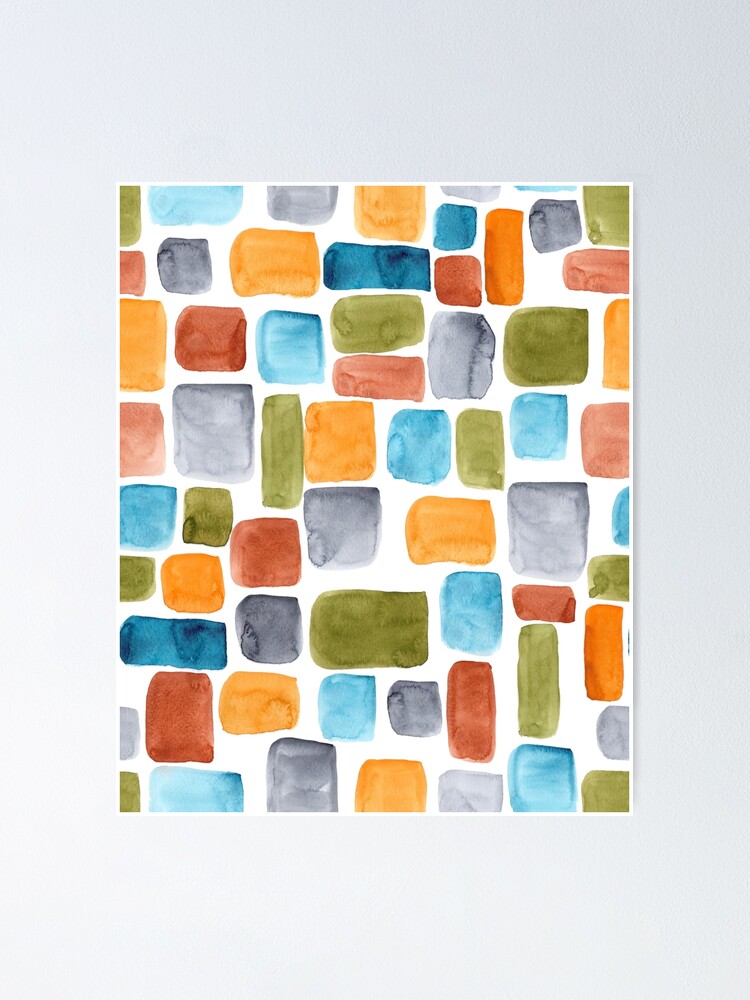 Color blocking: Hand-painted watercolor rectangle shapes in autumnal colors  olive, teal, orange, rust and turquoise as a seamless surface pattern  design Poster for Sale by Marlene Wagenhofer