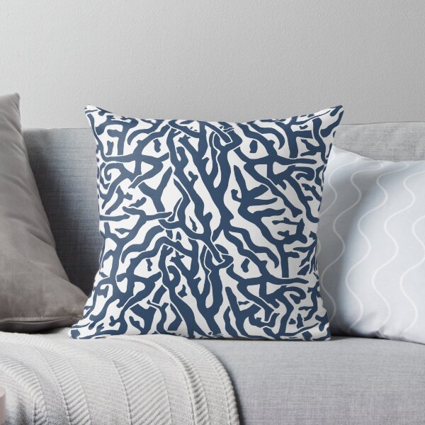 Coral Reef Pattern | Navy Blue White Coastal Beach House Throw Pillow