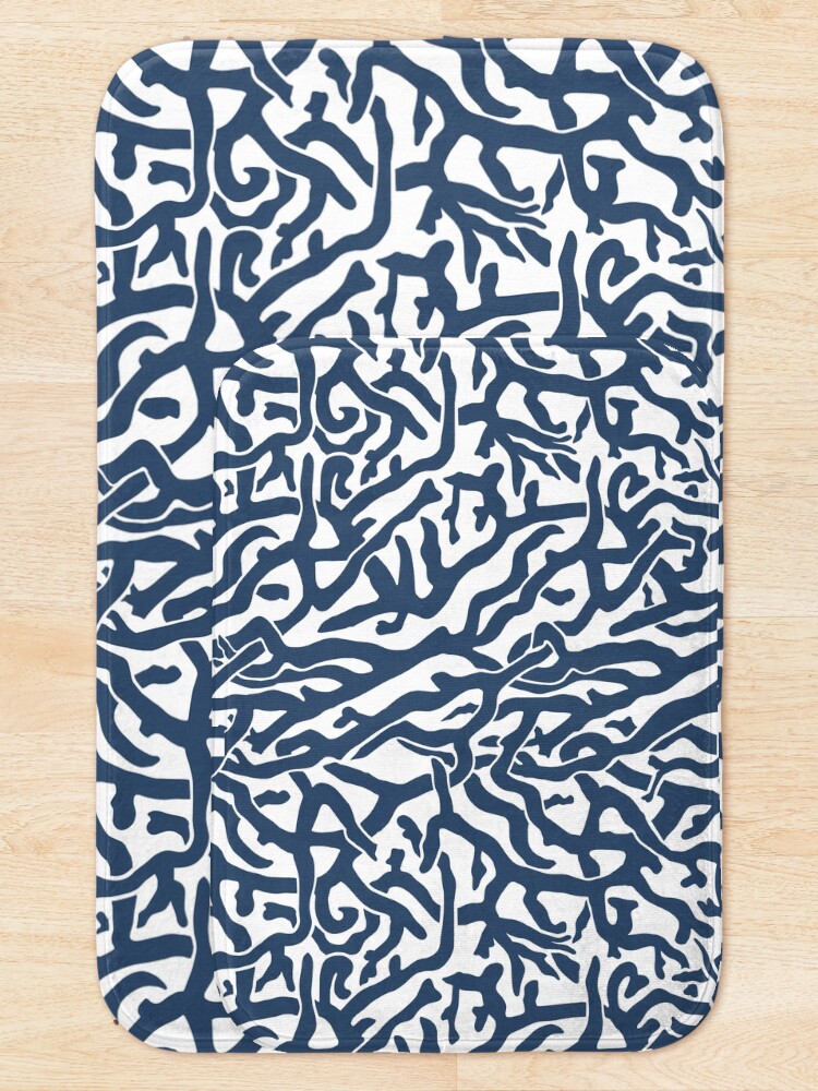 Thumbnail 5 of 6, Bath Mat, Coral Reef Pattern | Navy Blue White Coastal Beach House designed and sold by emkayhess.